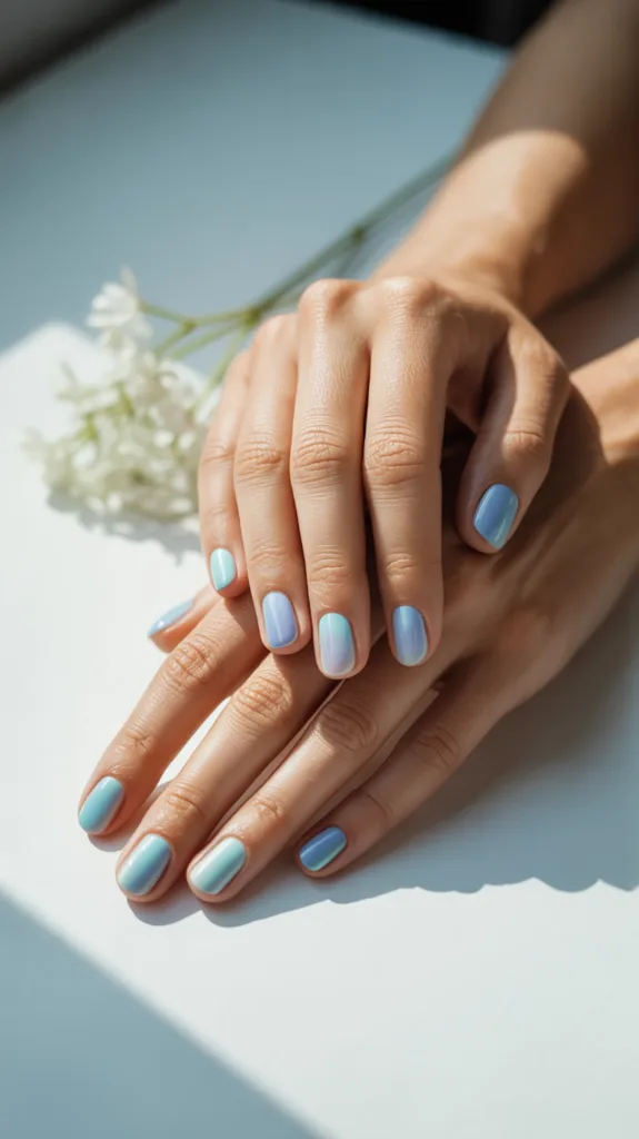 pasztellkék ombre körmök
