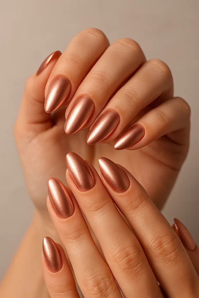 metál körmök – rózsaarany mandula forma