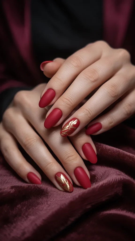 matt piros körmök arany mintával