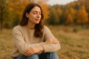 stressz kezelése – nyugodt nő a természetben, belső béke