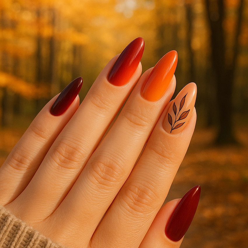 Őszi körömdíszítés bordó és arany levélmintával