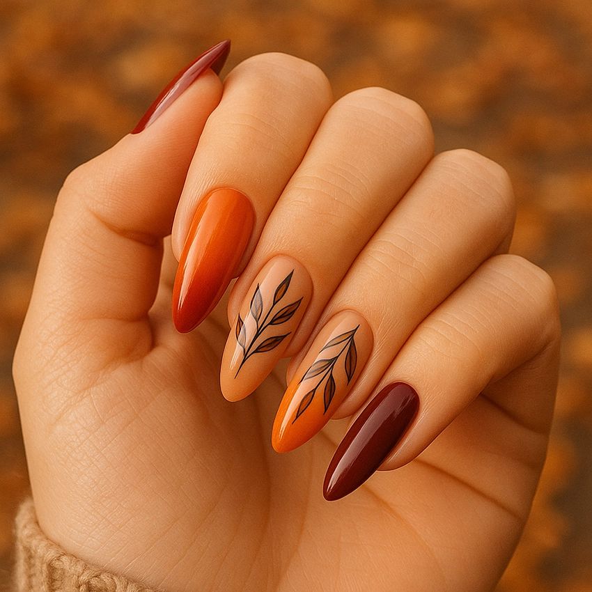 Őszi körömdíszítés narancs virágmintával