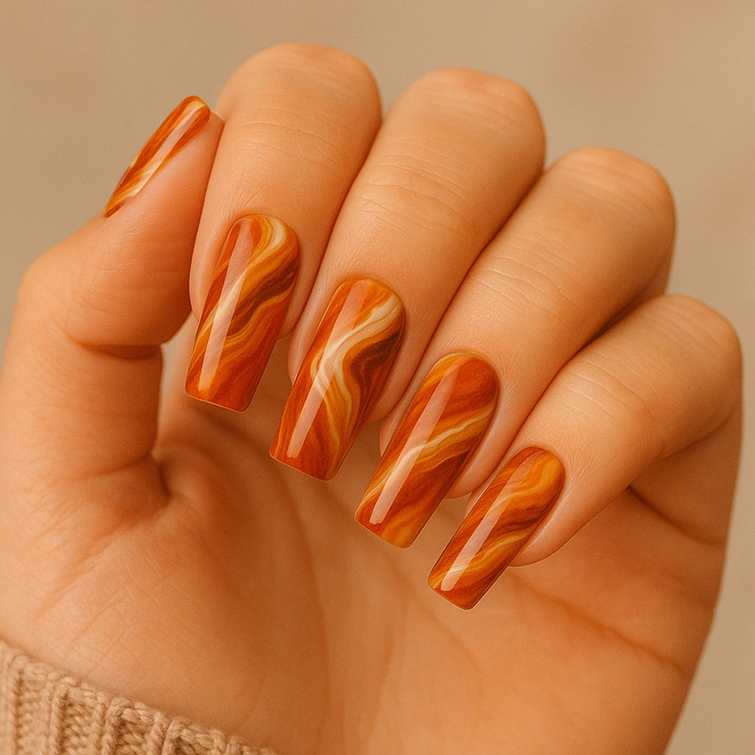 Őszi körömdíszítés barnás-narancs ombre stílusban